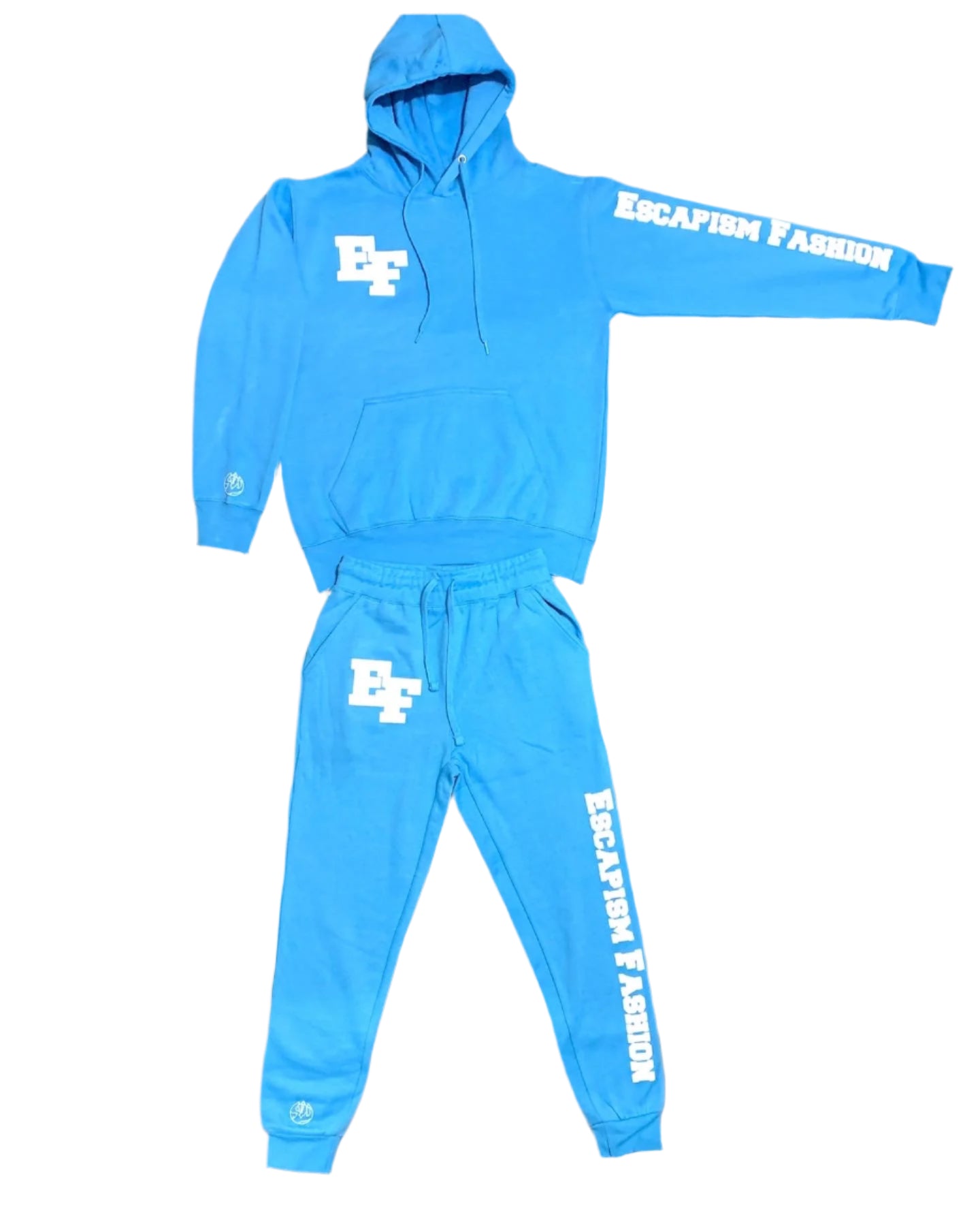 Blue sweatsuit with puff print design, featuring a hoodie and pants, displayed on against a white background.