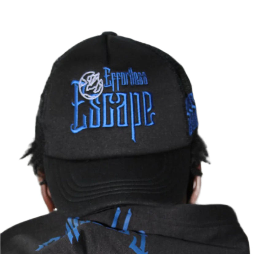 Black cap and hoodie with blue text on a white background